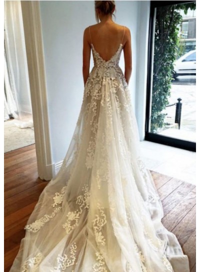 Backless A Line V Neck Tulle 2024 Lace Spaghetti Straps Wedding Dresses
