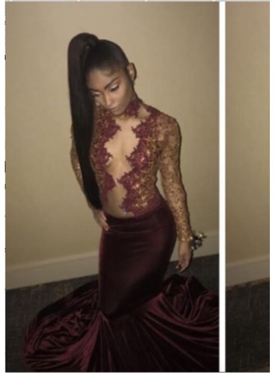 2024 Prom Dresses Long Sleeve Burgundy Sexy Deep V Mermaid