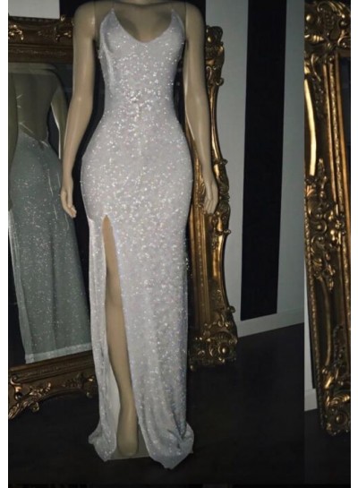 2024 White Halter Sequins Prom Dresses