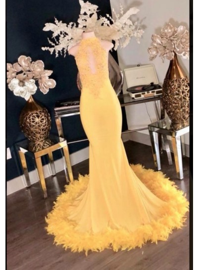 Charming Yellow High Neck Mermaid Prom Dresses 2023