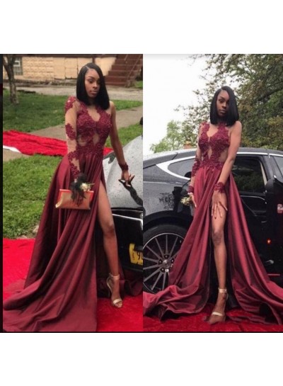 2024 A-line Long Sleeve Split Front Lace Satin Prom Dresses
