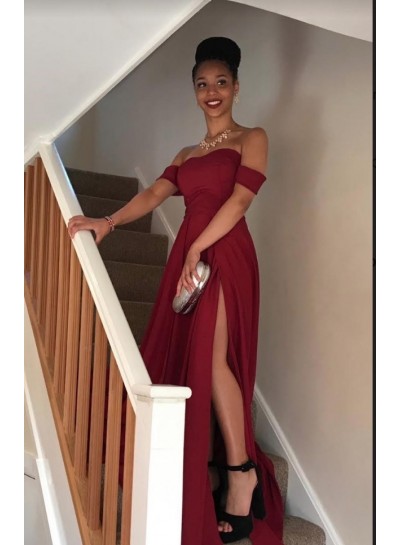 Burgundy Off-the-Shoulder High-Slit A-Line/Princess Satin Prom Dresses