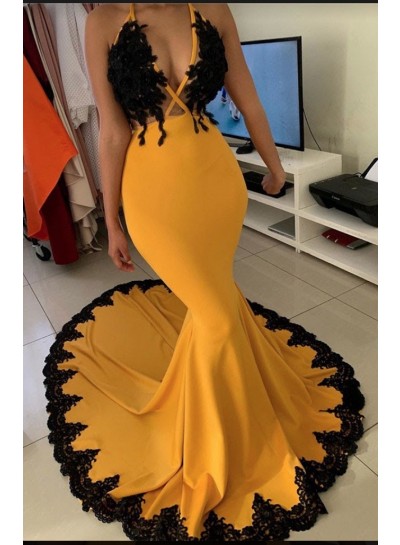 2024 Mermaid Orange V-neck Sleeveless Zipper Sweep Train Prom Dresses