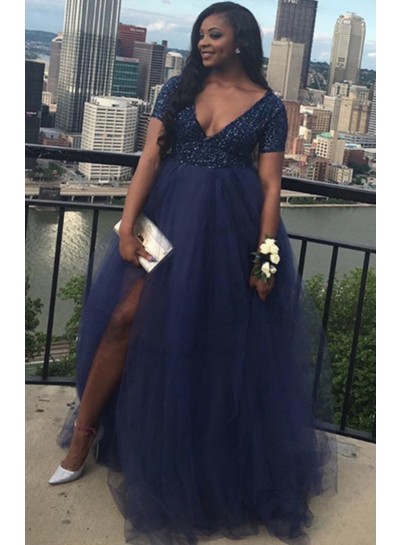 Royal Blue Tulle High Waist Short Sleeves Sequence Side Slit Plus Size V Neck Prom Dresses