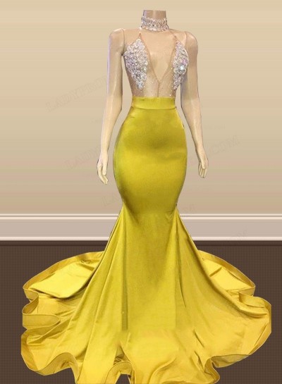 Halter Mermaid Beaded V-neck Daffodil Prom Dresses