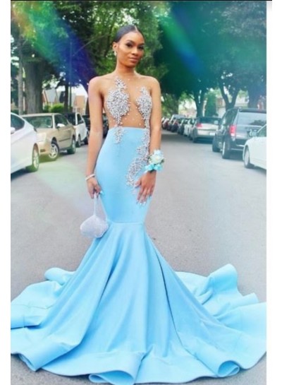 2023 Blue Mermaid Beaded Satin Prom Dresses