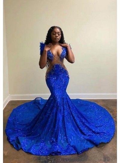 2023 Royal Blue Deep V Neck Long Prom Dresses