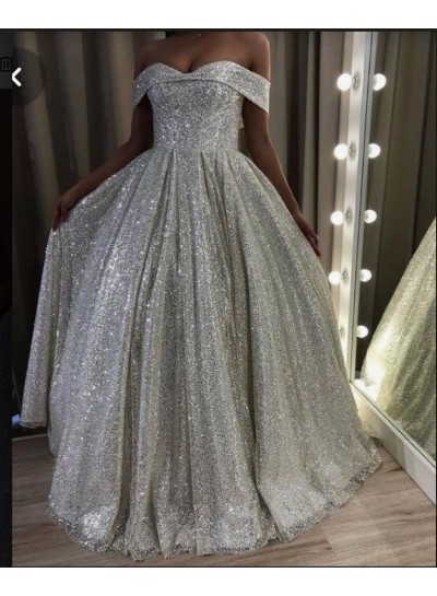 2023 Off Shoulder A-line Silver Long Prom Dresses
