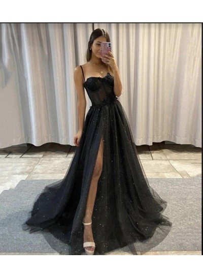 Spaghetti Straps A-line Black Side Slit Long Prom Dresses 2024