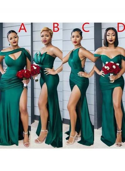 Dark Green Off the Shoulder Sheath/Column Sweep Train Ruched Bridesmaid Dresses