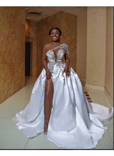 One Shoulder Long Sleeves Ball Gown Plus Size Wedding Dresses 2024