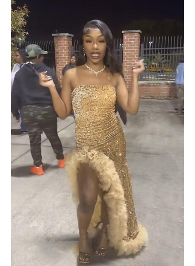 Asymmetric Gold Sequins Strapless Ruched Train Prom Dresses