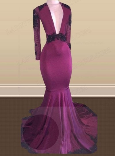 Sexy Burgundy Long Sleeves Elastic Satin Deep V Neck African Backless Long Prom Dresses With Black Appliques