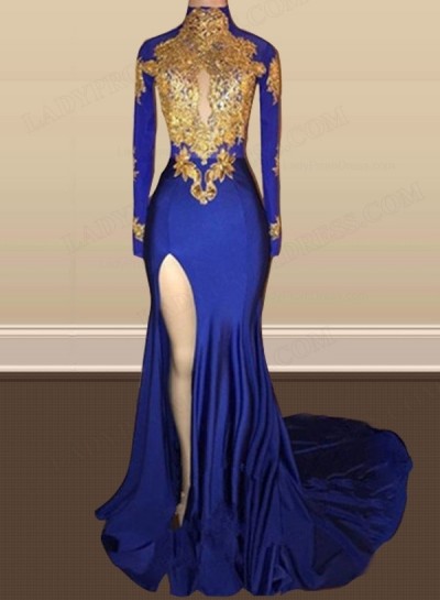 Charming African Royal Blue Side Slit Sheath Long Sleeves Prom Dresses ...