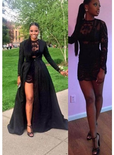 2023 Junoesque Black Lace Crew Neck A-Line/Princess Satin Prom Dresses