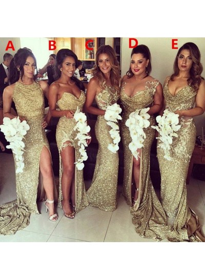 2024 Sexy Gold Sequins Mermaid Long Train Bridesmaid Dresses / Gowns