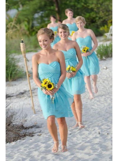 2024 A Line Chiffon Blue Ruffles Sweetheart Short Bridesmaid Dresses / Gowns