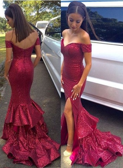 Burgundy Floor-Length/Long Mermaid/Trumpet Off-the-Shoulder Sequined Prom Dresses