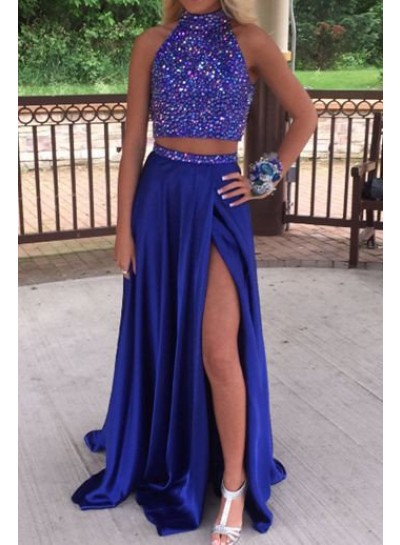 LadyPromDress 2024 Blue Beading High-Slit Stretch Satin Two Pieces Prom Dresses