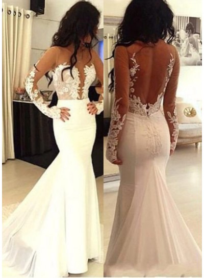 2024 Unique White Mermaid/Trumpet Long Sleeve Natural Zipper Appliques Prom Dresses