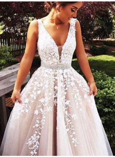 2024 Unique White A-Line/Princess V-Neck Sleeveless  Floor-Length/Long Tulle Prom Dresses