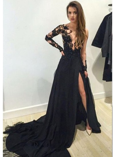 2023 Junoesque Black V-Neck Court Train A-Line/Princess Tulle Prom Dresses