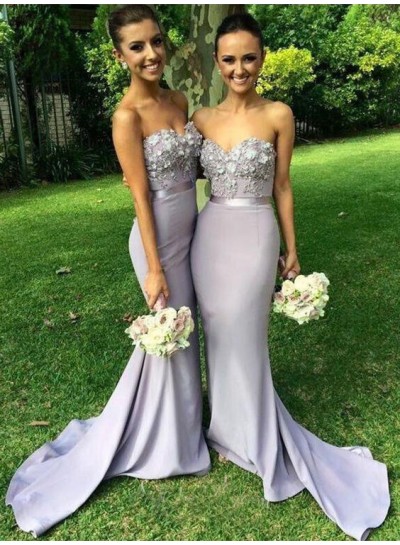 2023 Newly Silver Mermaid Satin Sweetheart With Appliques Long Train Bridesmaid Dresses / Gowns