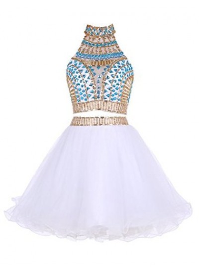 Two Piece High Neck White Tulle Short Homecoming Dress 2023 with Beading Rhinestone