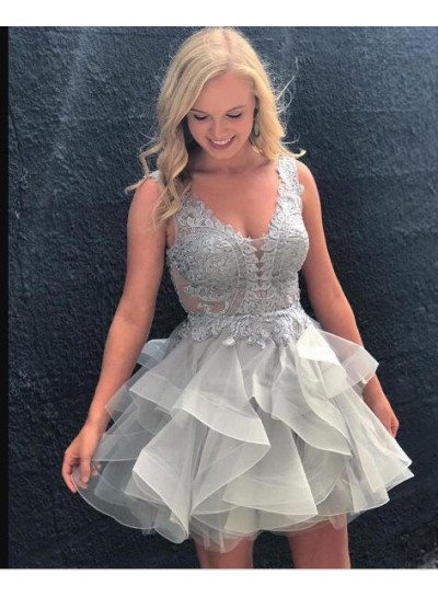 Princess/A-Line Scoop Backless Appliques Gray Organza Homecoming/Prom Dresses