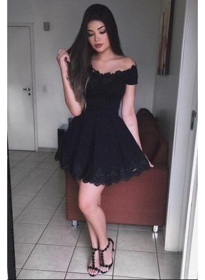 A-Line Off-the-Shoulder Short Sleeves Black Lace Homecoming Dress 2023 