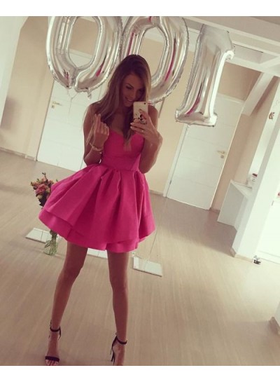 A-Line Straps Short Fuchsia Satin Homecoming Dress 2023 with Ruched
