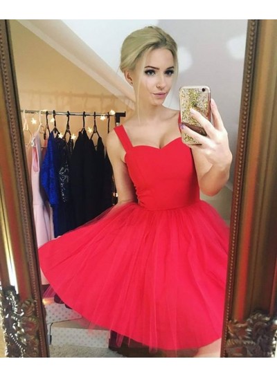 A-Line Straps Sleeveless Short Red Tulle Homecoming Dress 2023 