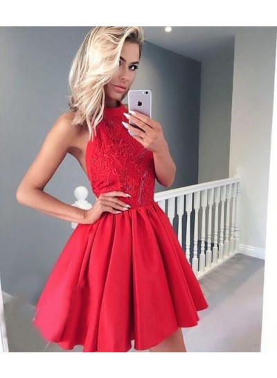 A-Line Jewel Backless Red Homecoming Dress 2024 with Appliques