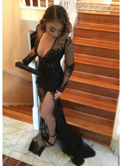 2023 Sexy Black Column/Sheath Long Sleeves Side Slit Prom Dresses