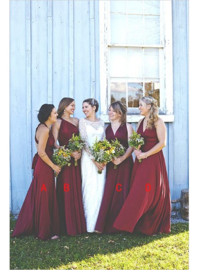 2023 A Line Chiffon Burgundy Long Bridesmaid Dresses / Gowns
