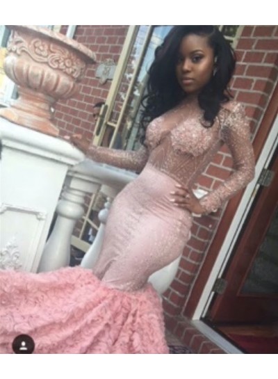 2023 Beaded Pink Mermaid Long Sleeves Prom Dresses