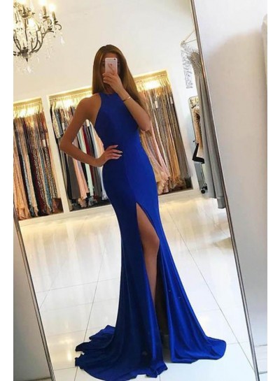 2023 Sexy Royal Blue Satin Side Slit Prom Dresses