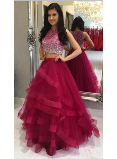 Princess/A-Line Tulle Two Pieces Ruffles Burgundy Prom Dresses