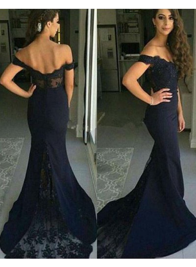 LadyPromDress 2023 Blue Mermaid/Trumpet Off-the-Shoulder Sleeveless Natural Zipper Lace Prom Dresses