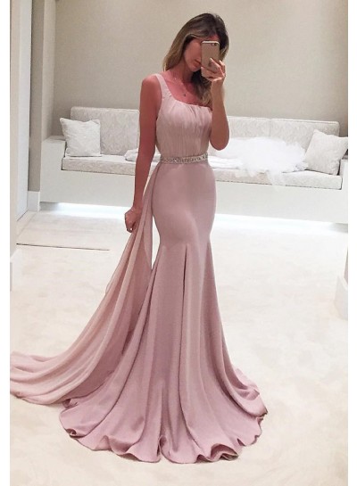 Elegant Crystal One-Shoulder Mermaid/Trumpet Stretch Satin Prom Dresses