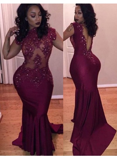 Burgundy Long Sleeves Beading Backless Sweep Train Mermaid/Trumpet Prom Dresses