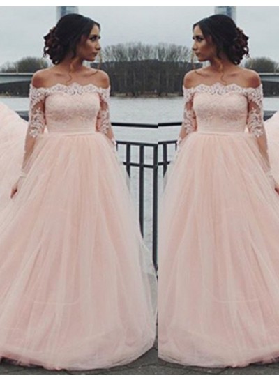 Long Sleeve Off-the-Shoulder Lace A-Line/Princess Tulle 2023 Glamorous Pink Prom Dresses