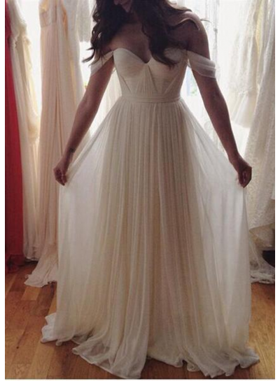2023 Unique Ivory Ruching Off-the-Shoulder Chiffon Prom Dresses