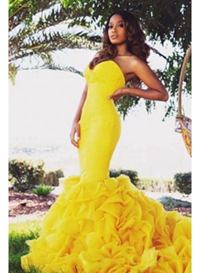 Sweetheart Sleeveless Natural Sweep Train Yellow Mermaid/Trumpet Prom Dresses