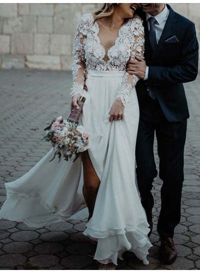 2023 A-Line Chiffon Lace V-neck Long Sleeves Sweep Train Wedding Dresses