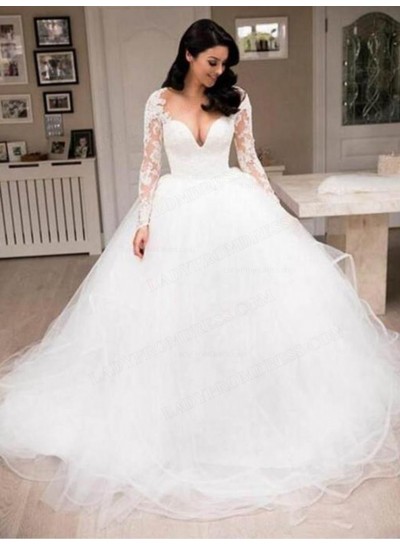 2023 Ball Gown Tulle Sweetheart Long Sleeves Sweep Train Wedding Dresses
