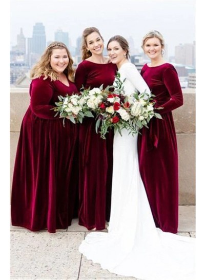 Scoop Long Sleeves Natural A-line Floor-Length Velvet Burgundy 2023 Bridesmaid Dresses