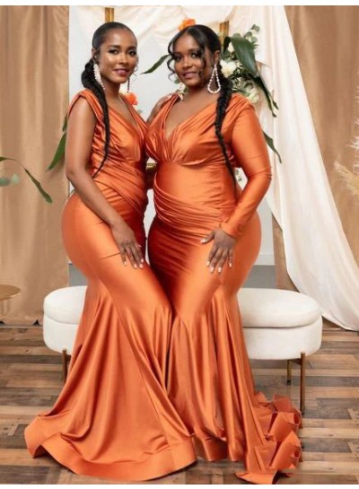 2023 Orange Mermaid V-neck Long Sleeves Sweep Train Silk Like Satin Bridesmaid Dresses
