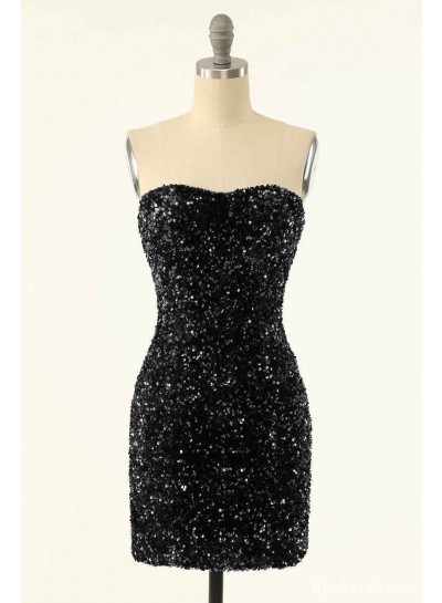 2023 Black Sheath Sweetheart Strapless Mini Sequins Homecoming / Graduation Party Dresses