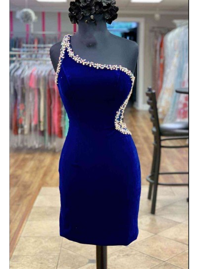 2023 Royal Blue Sheath One Shoulder Short Velvet Bending Homecoming / Graduation Party Dresses